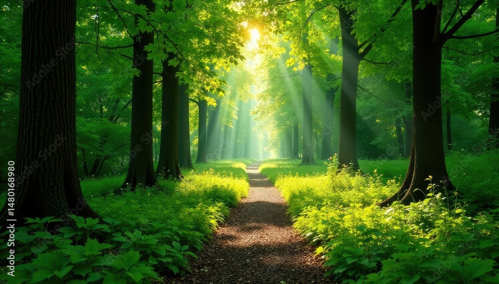 Obraz premium Sun-dappled forest path winding through lush green trees, sunlight filtering through leaves , landscape, winding, nature