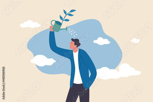 Self improvement, growth mindset, positive attitude to learn new knowledge improvement for business problem concept, smart businessman learner using watering can to water growing seedling on his head.