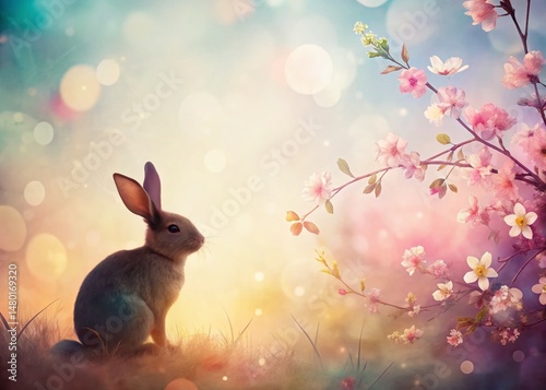 Soft Spring Watercolor Animal Backdrop: Pastel Bunny & Blossoms