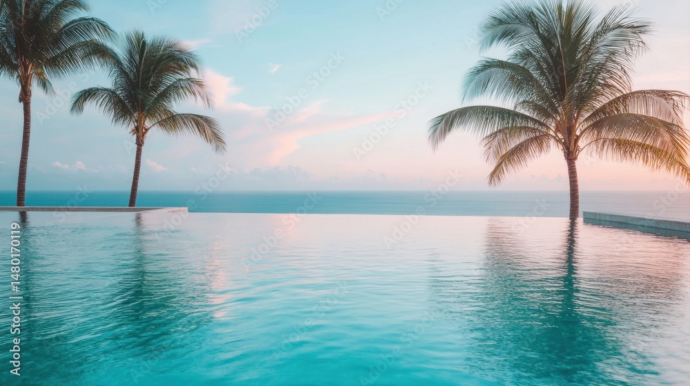 Tranquil Infinity Pool Overlooking Calm Ocean at Sunset Surrounded by Graceful Palm Trees