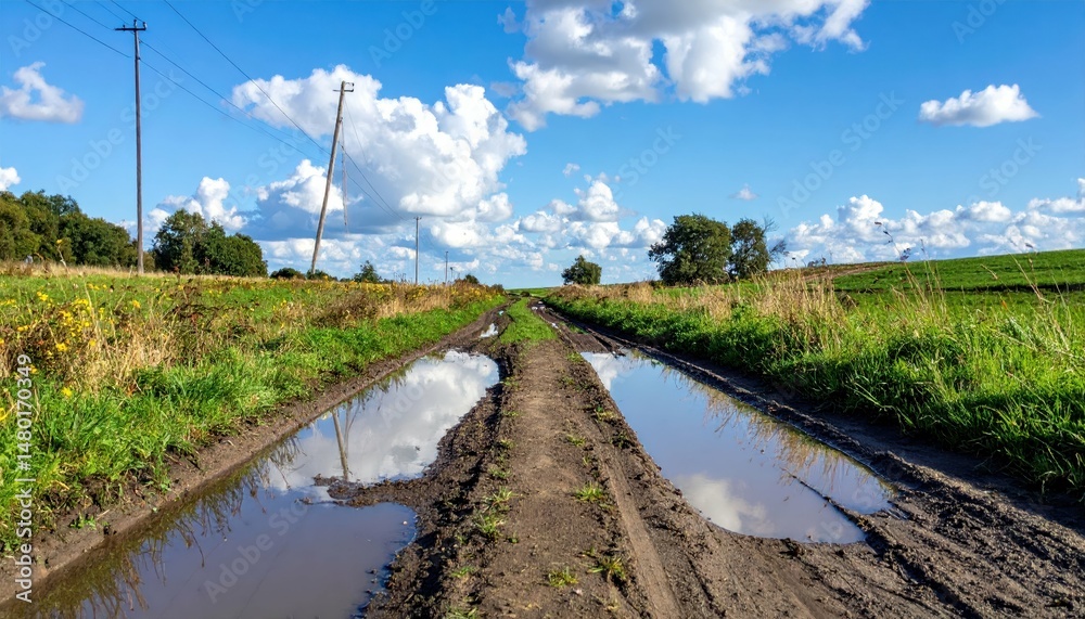Fototapeta premium Scenic Country Dirt Road with Puddles and Blue Sky Reflections