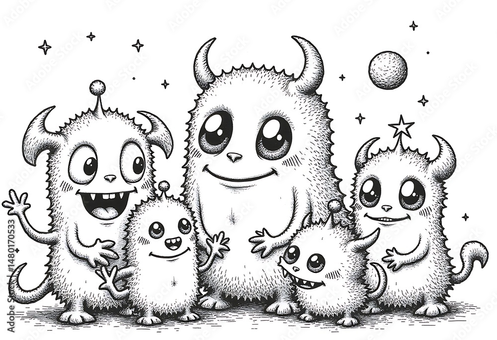 Obraz premium Cheerful alien monsters coloring page with stars and planets backgroun
