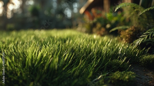 Fresh green grass in soft focus with morning dew and ferns nearby, captured in warm sunlight near a rustic garden structure