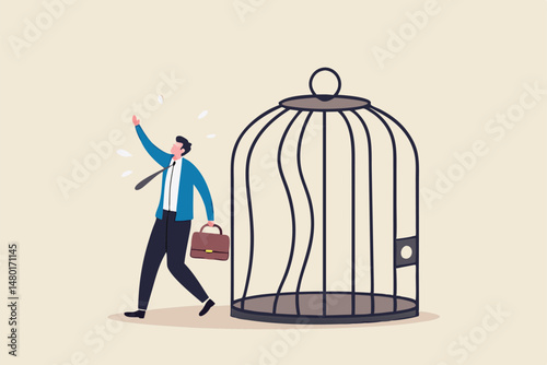 Escape from routine comfort zone, change to experience new challenge or break free for freedom concept, strong ambitious businessman bended the bar and escape from bird cage trap.