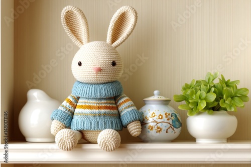 A handmade crochet bunny doll with floppy ears and pastel sweater sitting on a shelf