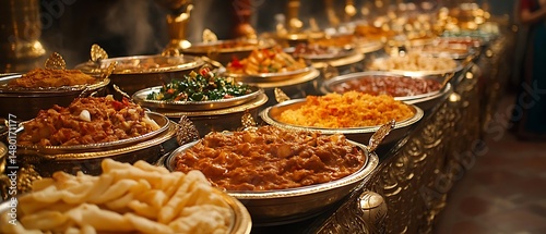 Indian buffet feast, golden bowls, warm lighting