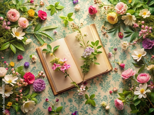 Spring Floral Garden Design on Vintage Journal Paper Background