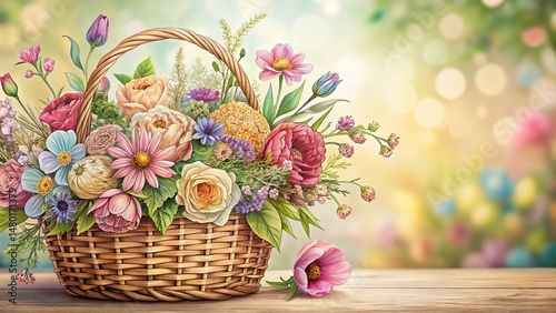 Spring Flower Basket Organic Line Art Pattern - High-Resolution Stock Photo