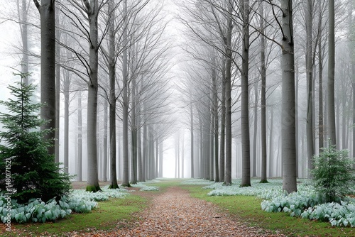 A late autumn forest where fog rolls through leafless branches and soft ground