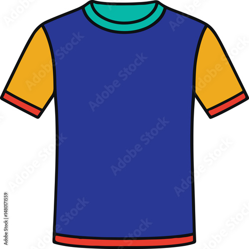 Brightly colored short sleeve t shirt with blue center yellow sleeves and red accents ideal for apparel fashion icons clothing designs and casual style related themes