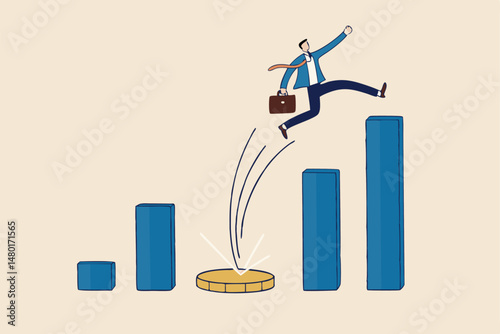 Business challenge, revenue rebound and recover from economic crisis or earning and profit growth jump from bottom concept, strong businessman jumping from trampoline back to top of growing bar graph.