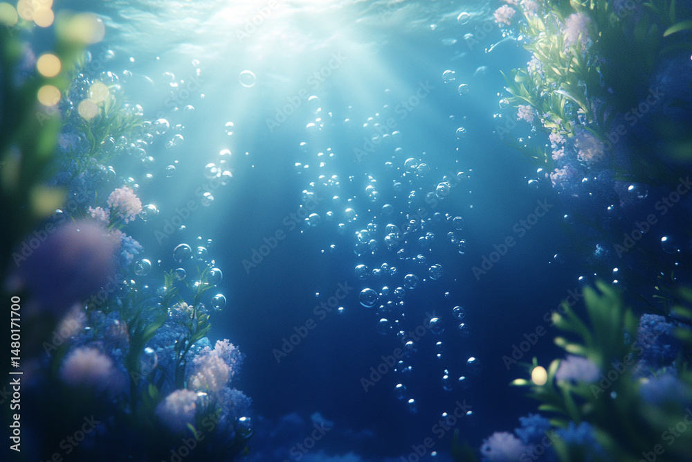 Fototapeta premium Underwater flowers bubbles light serenity