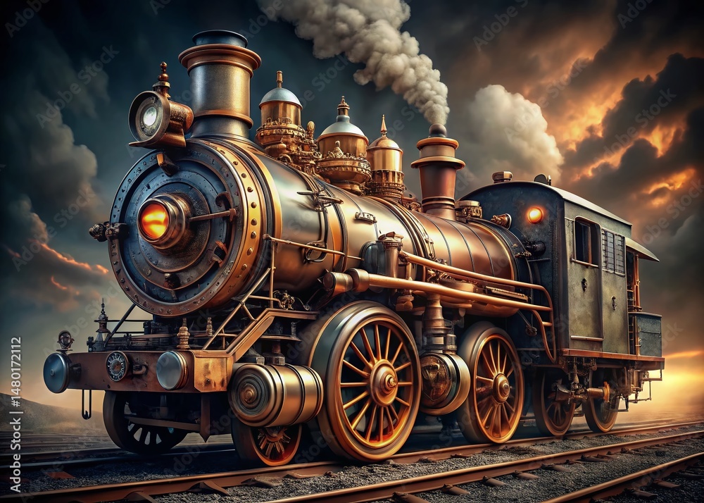 Fototapeta premium Steampunk Train Engine: Futuristic Victorian Railway Locomotive
