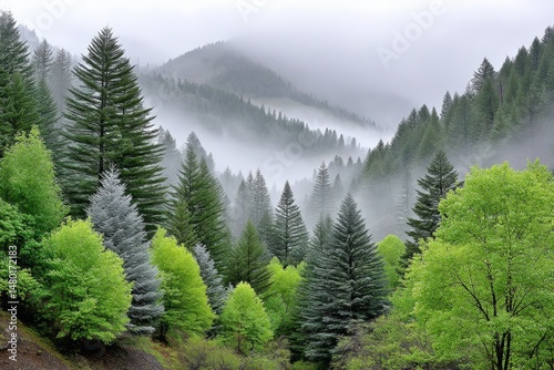 A mix of evergreen and deciduous trees shrouded in shifting mist on a cloudy day