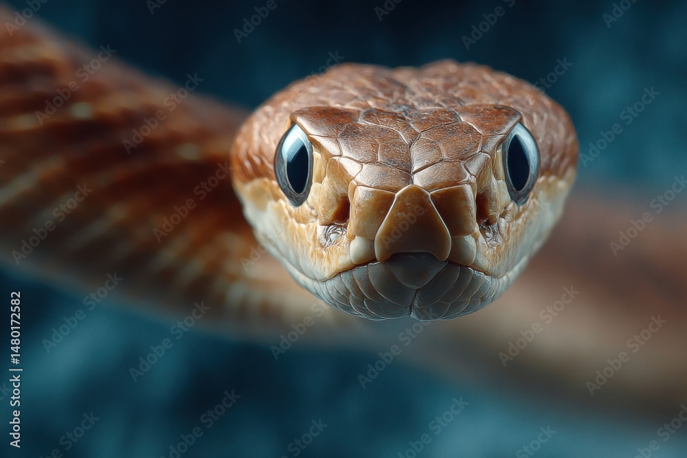 Fototapeta premium Serpent closeup portrait displaying scales, eyes, and facial features on soft teal backdrop in studio environment