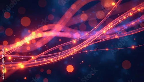 Close-up of strands of illuminated optical fiber, showcasing their vibrant glow and intricate network , optic fiber network, telecommunications network, communication