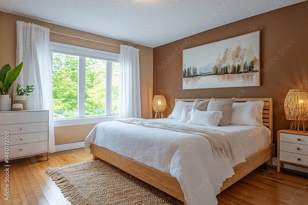 Fototapeta premium Bedroom Interior Design, Bed with White Linens and Textured Rug, Brown Accents, Lamps