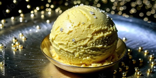 A single scoop of golden ice cream with glistening sprinkles, resting in a shimmering bowl, surrounded by scattered gold beads, creates a luxurious and decadent dessert experience.