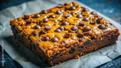 A Single Slice of Rich Chocolate Brownie Topped with Caramel and Chocolate Chips, Ready to Indulge