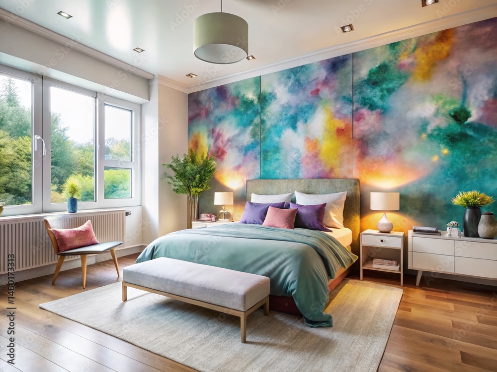 Fototapeta premium Stylish Bedroom Interior: Abstract Watercolor Wallpaper Design