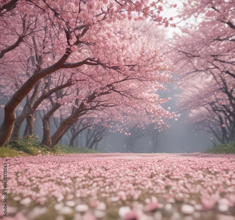 Naklejka premium Soft pink sakura petals descend, creating a dreamy spring scene , spring scene, gentle