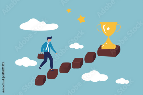 Success in business, career opportunity or business growth to reach target concept, smart successful businessman step up on wooden stairs to reach winner achievement trophy on top of the stair case.