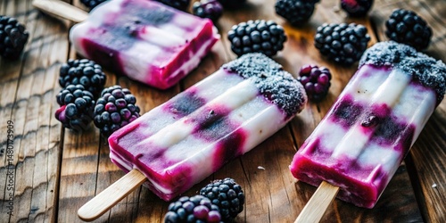 Homemade Blackberry Popsicles with Swirls of Vanilla on a Rustic Wooden Surface