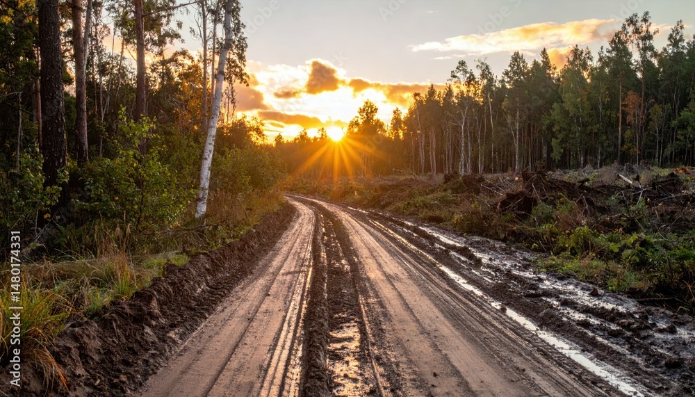 Fototapeta premium Muddy Forest Road at Sunset with Scenic View of Nature's Beauty