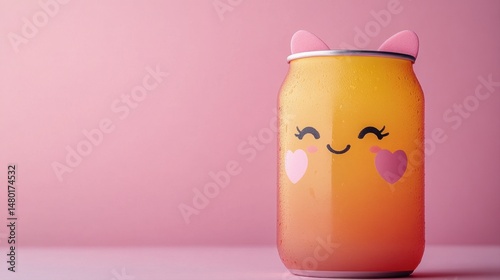 Cute smiling beverage can with playful design on a pastel pink background, perfect for children's themes or product branding