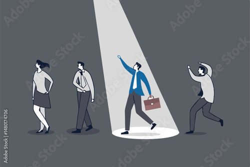 The chosen one, HR, human resources recruiter choosing best candidate or hiring manager choose winner talent concept, stand out confident businessman with spotlight with other fade out candidates.