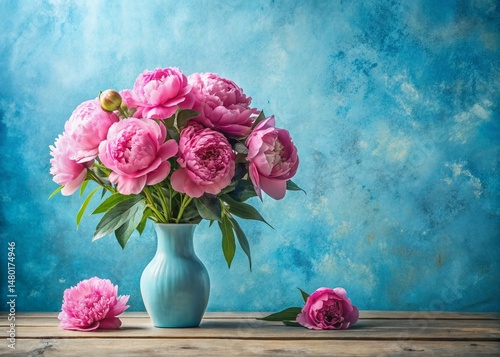 Summertime Still Life: Pink Peonies on Blue Background - Top View