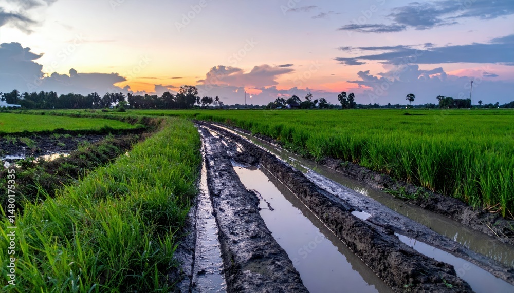 Fototapeta premium Muddy Tracks in Rice Field at Sunset Under Colorful Sky