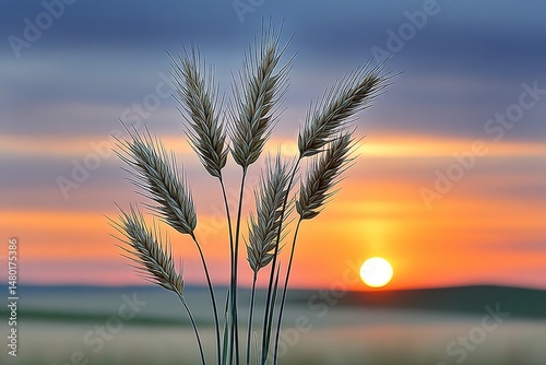 A sunset over a restored prairie with wild grasses swaying in the wind