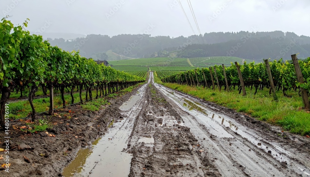 Obraz premium Serene Vineyard Path with Muddy Ground Under Overcast Sky