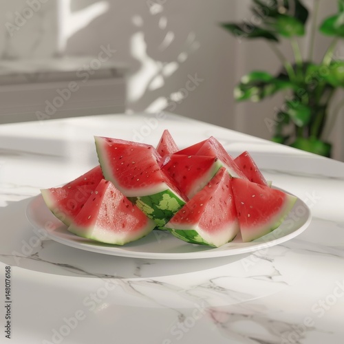 Sliced watermelon pieces neatly arranged on a white ceramic plate, minimalist background, soft natural lighting, pastel tones, clean and fresh look, ultra-realistic, high detail 