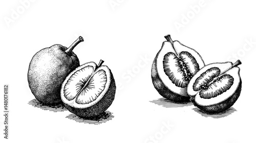 Vintage black ink sketch of maracuja and maracuja fruit cut in half with juicy seeds close-up view