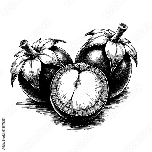 Vintage black ink sketch of sliced mangosteen showing white pulp
