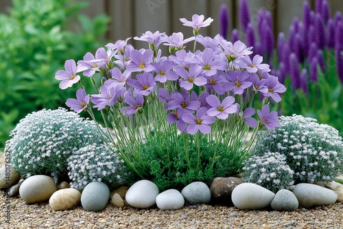 Aubrieta deltoidea in a botanical rock garden with other drought-resistant flora photo