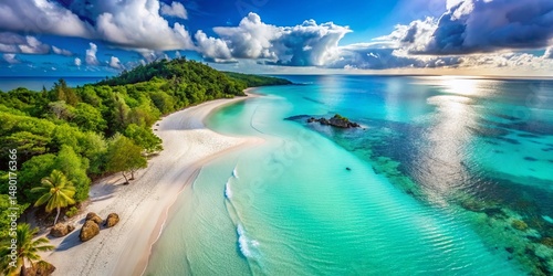 Surreal Drone Beachscape: Calm Waters, Vibrant Sands, Refreshing Escape
