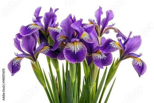Purple iris blossoms on white background – floral bouquet cutout photo