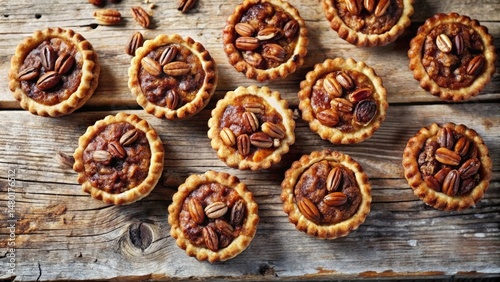 A selection of freshly baked pecan pie tarts, with a crispy crust and a rich, sweet filling, are arranged on a rustic wooden background, inviting a taste of autumnal indulgence.