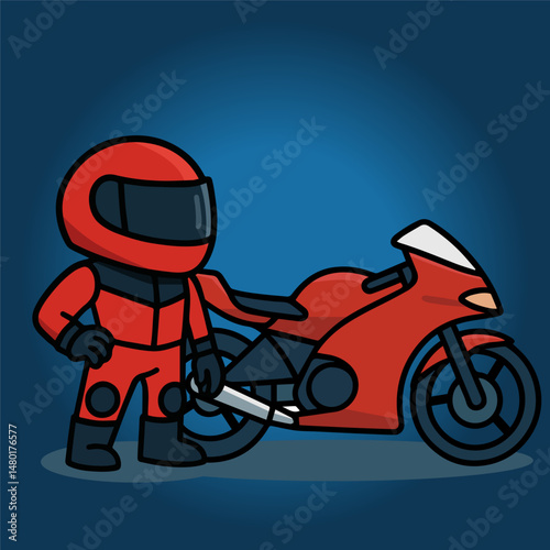 Cartoon Motorcycle Rider with Red Sportbike