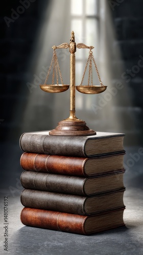 Scales of Justice on Stack of Leatherbound Law Books in Dim Light