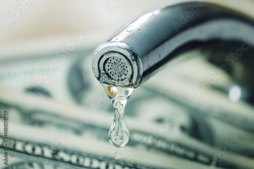 Water dripping from faucet onto money representing wasted resources and high water bills,