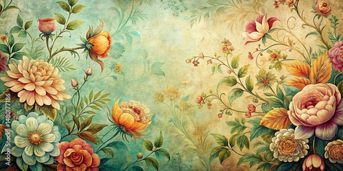 Surreal Hand-Drawn Floral Pattern on Textured Paper Background