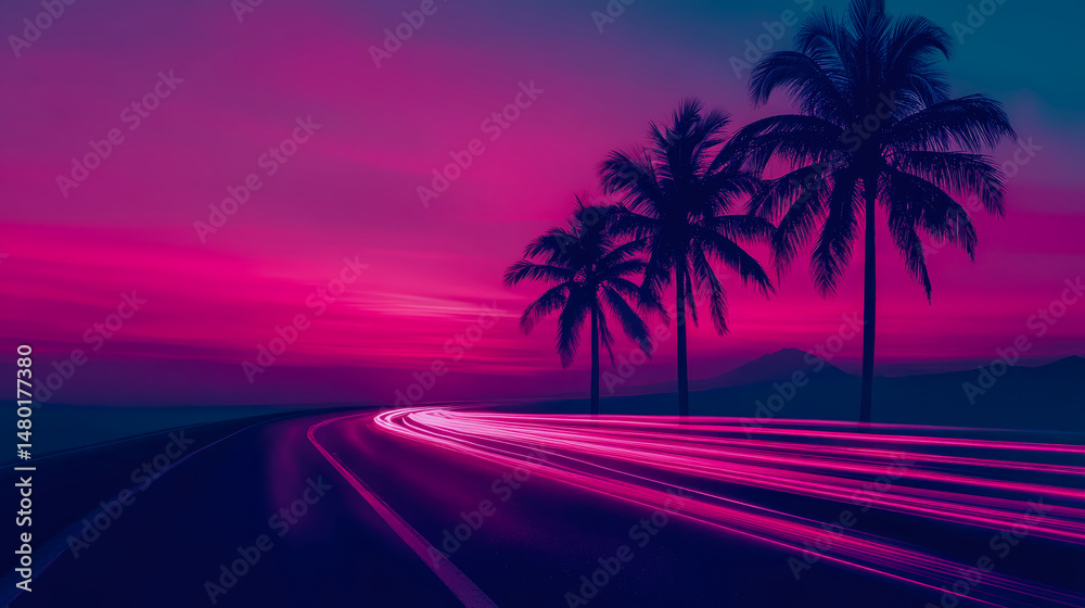 Fototapeta premium Neon Dream: Palm Trees and Light Trails on a Coastal Road at Sunset