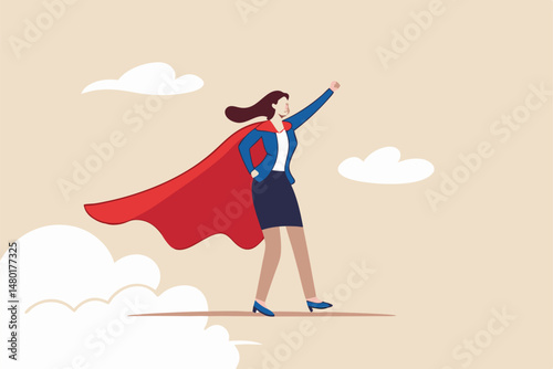 Lady power, woman leadership, feminism or female empowerment concept, confidence powerful businesswoman wearing business suit with superhero cape.