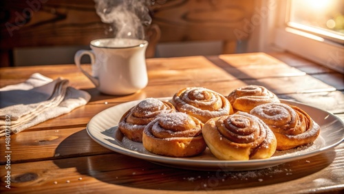 A plate of sweet cinnamon rolls dusted with powdered sugar sits on a wooden table in the morning sun, waiting to be enjoyed.