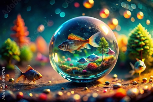 Surreal Miniature Fish Scene: Tiny Aquatic Life in a Whimsical World