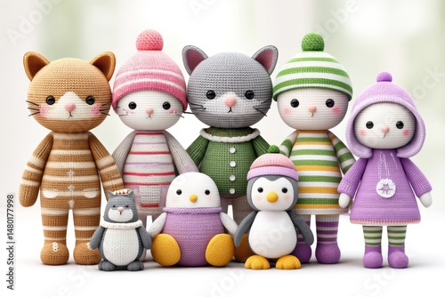 Hand-drawn crochet animal collection including cat bear and penguin dolls in kawaii style on white background